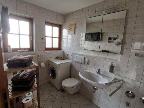 a bathroom with a toilet and a sink at Ferienwohnungen Leiteritz in Königsfeld im Schwarzwald