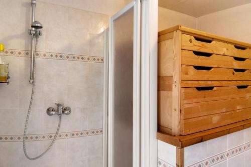 a bathroom with a shower with a wooden cabinet at Piantina Holiday Home in Sacco