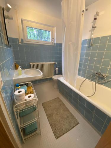a blue tiled bathroom with a tub and a sink at Lichtblick unter der Buche in Titisee-Neustadt
