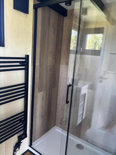 a shower with a glass door next to a sink at Zuhause im Freien in Stockach