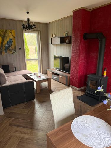 a living room with a couch and a fireplace at Bajkowe Domki Marzeń Grei in Węgorzewo