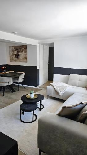 a living room with a couch and a table at Sauerland Apartments Willingen in Willingen