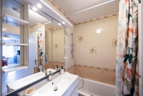 a bathroom with a sink and a tub and a mirror at Studio Montcalm in Aix-les-Bains