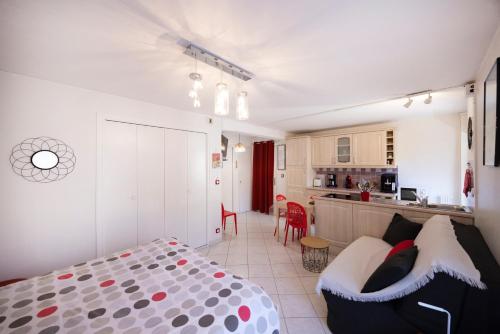a bedroom with a bed and a kitchen at Studio Montcalm in Aix-les-Bains