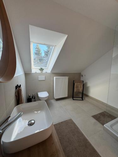 a bathroom with a white sink and a window at Apartment Oben in der Heide in Faßberg
