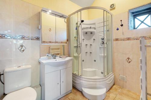 a bathroom with a shower and a toilet and a sink at Gîte Chemin Des Hêtres in Armaillé