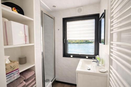 a bathroom with a sink and a window at Floatinghouse Bakerman in Zehdenick