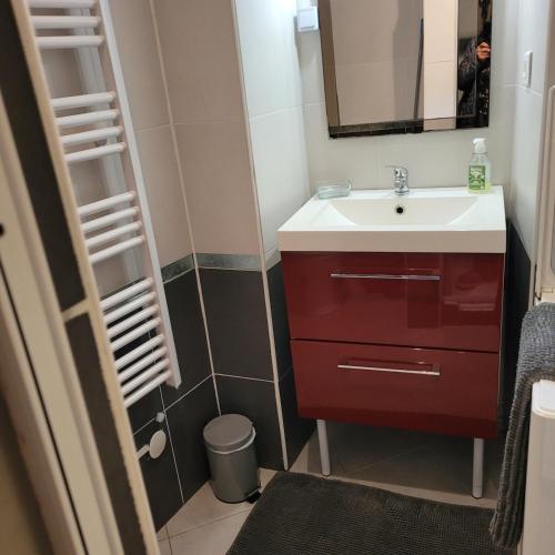 a bathroom with a red sink and a mirror at Riquewihr in Riquewihr