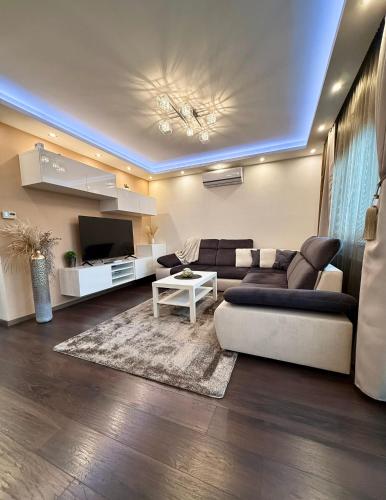 a living room with a couch and a table at Local-Lux Premium Apartment- 2 Bedrooms Balcony -2 Private Parking in Kecskemét