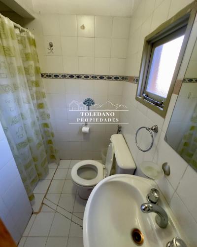 a bathroom with a sink and a toilet and a window at Costa Azul 3 in Villa Pehuenia