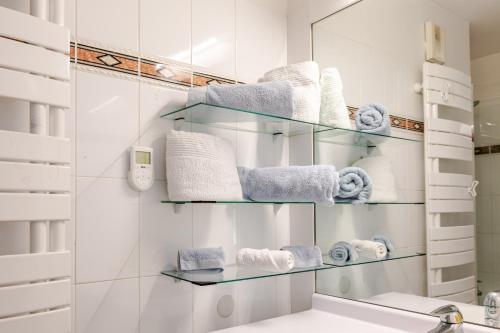 a bathroom with glass shelves and towels at Appartement Cosy in Paris