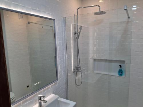 a bathroom with a shower and a sink and a mirror at Lisbon south side apartments in Barreiro