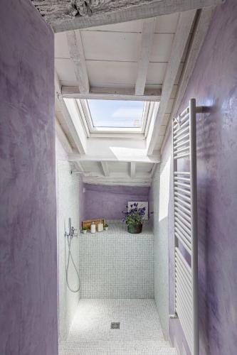 a bathroom with purple walls and a skylight at Il Nido in Buonconvento