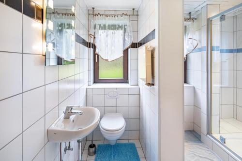 a white bathroom with a sink and a toilet at Ferienwohnung Waldeckchen in Waldeck