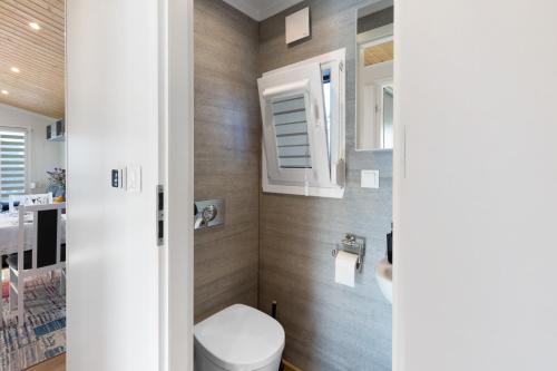 a bathroom with a toilet and a sink at Madera Concordiasee in Friedrichsaue