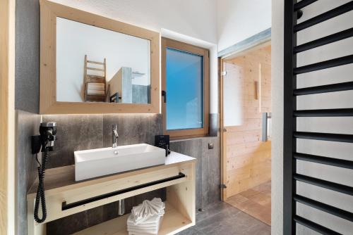 a bathroom with a sink and a mirror at Chalet Berg in Selva dei Molini
