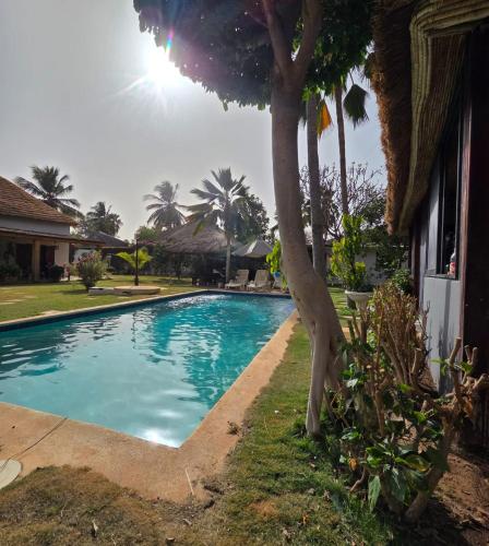 a swimming pool with a tree next to a house at Jardin d'Afrique, Saly in Saly Portudal
