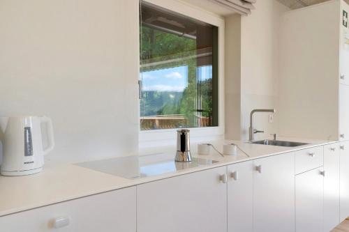 a white kitchen with a sink and a window at Höllerhof in Cornedo all'Isarco