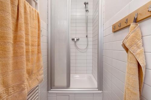 a bathroom with a shower and a sink at Alte Seifensiederei - Ferienloft in Stralsund