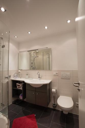 a bathroom with a sink and a toilet and a mirror at Ferienwohnung Dr Saretz in Bodman