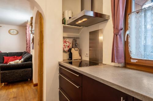 a kitchen with a counter top and a couch at Dolomitc Tobià in Campitello di Fassa