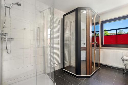 a bathroom with a shower and a glass shower stall at Ferienhaus Pöhlbergblick Schindelba in Großrückerswalde