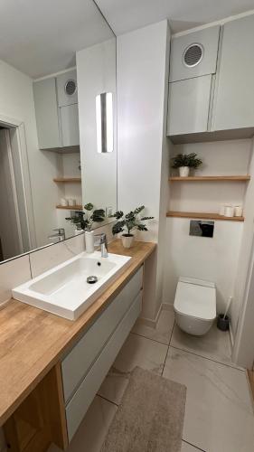 a bathroom with a white sink and a toilet at Apartament Wiosenna in Białystok