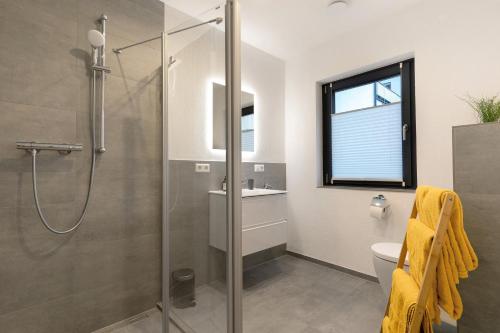 a bathroom with a shower and a toilet and a sink at Meerrettichnest in Appenweier