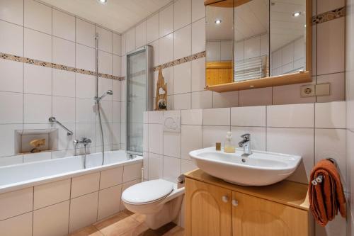 a bathroom with a sink and a toilet and a tub at Igelbau in Wolfach