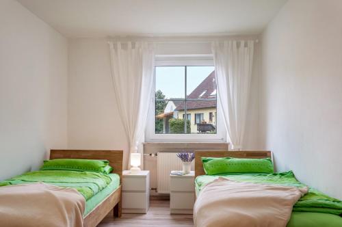 two beds in a room with a window at Ferienwohnung Weinberg in Markt Einersheim