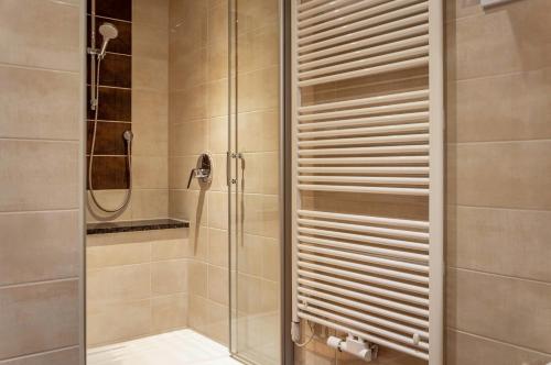 a shower stall with a glass door in a bathroom at Ferienwohnung Weinberg in Markt Einersheim