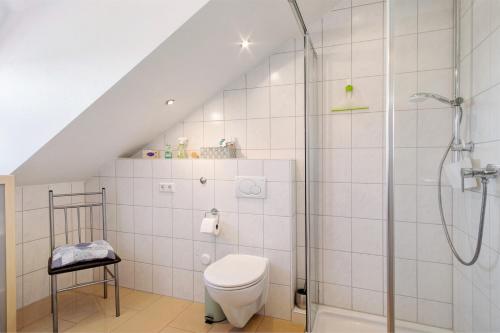 a white bathroom with a shower and a toilet at Bergchalet Mirabell - Hofgut in Friedrichshafen