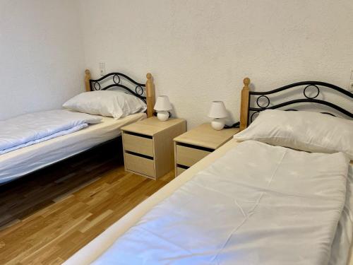two beds in a room with two lamps on tables at Max Haus 2 in Karlstadt