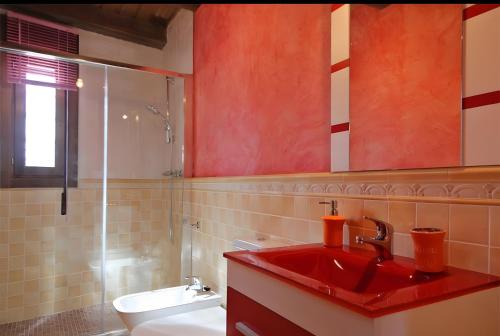 a bathroom with a red sink and a shower at El Mirador De Campumedra in Vadillo