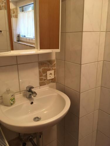 a bathroom with a sink and a mirror at Ferienwohnung Am Sieperloh in Stryck