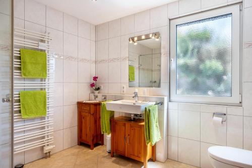 a bathroom with a sink and a mirror at Haus Gramespacher in Bad Bellingen