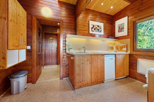 a kitchen with wooden walls and a sink at Haus-am-Harz Bad Gandersheim in Bad Gandersheim