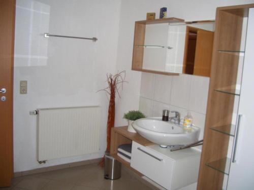 a white bathroom with a sink and a mirror at Wohnung mit Terasse im Schwarzwald in Seebach