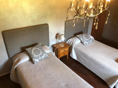 a bedroom with two beds and a chandelier at El Racó d'Espunyes in Oden