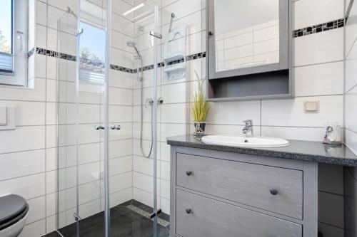 a bathroom with a shower and a sink and a toilet at Fewo 14 - Halbinsel Darss - Ostsee in Wieck
