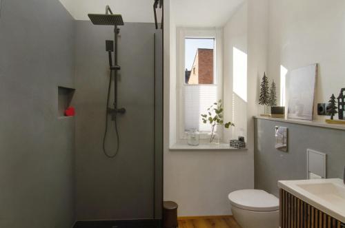 a bathroom with a shower and a toilet and a window at Ferienwohnung Eichendorff in Nordhausen