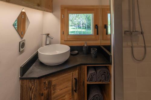 a bathroom with a bowl sink on a counter at Chalet Pierre d Anatase in Saint-Gervais-les-Bains
