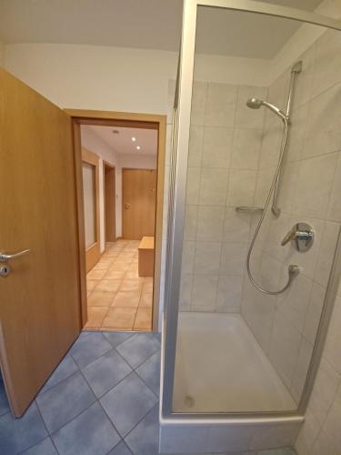 a bathroom with a shower with a glass door at Landhaus Erben in Wasserburg