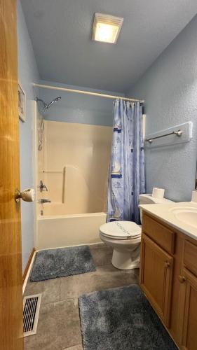 a bathroom with a toilet and a tub and a sink at Carolina Breeze in Rodanthe
