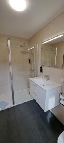 a bathroom with a white sink and a shower at Hotel-Pension Zur Mole in Wiek auf Rügen