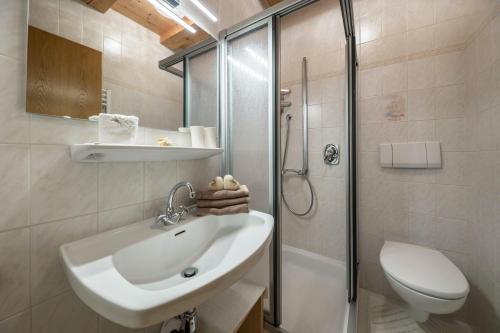 a bathroom with a sink and a shower and a toilet at Eichernhof Apartment Marillenblüte in Verano