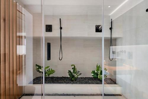 a glass shower in a bathroom with plants at Gran Suite Horizonte in Puerto del Carmen
