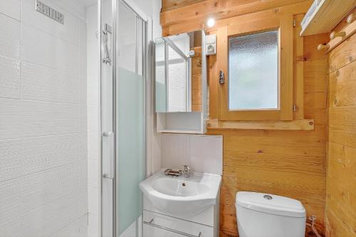 a bathroom with a toilet and a sink and a mirror at Chalet Le Mazet in Les Prats