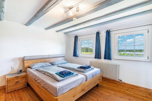 a bedroom with a bed and two windows at Ferienhaus St Georg Stube in Grömbach
