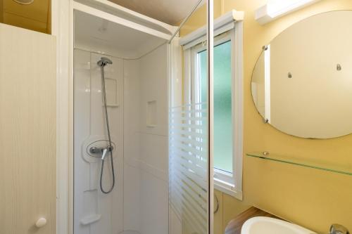 a bathroom with a shower and a toilet and a mirror at Mobilhome Le Chataignier in Saint-Pompont